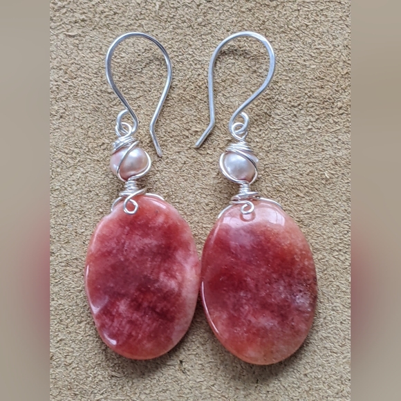 Strawberry Rhodochrosite Earrings Handmade In Pure Sterling Silver With Pearls - Picture 15 of 16